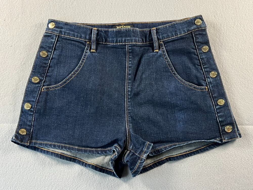 Juicy Couture Dark Wash Blue Denim Shorts, Gold Toned Snap Buttons, Size 29, EUC